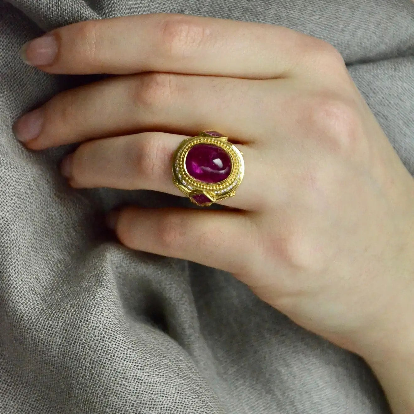 Rubellite Tourmaline, Diamond, Sapphire Cocktail Ring