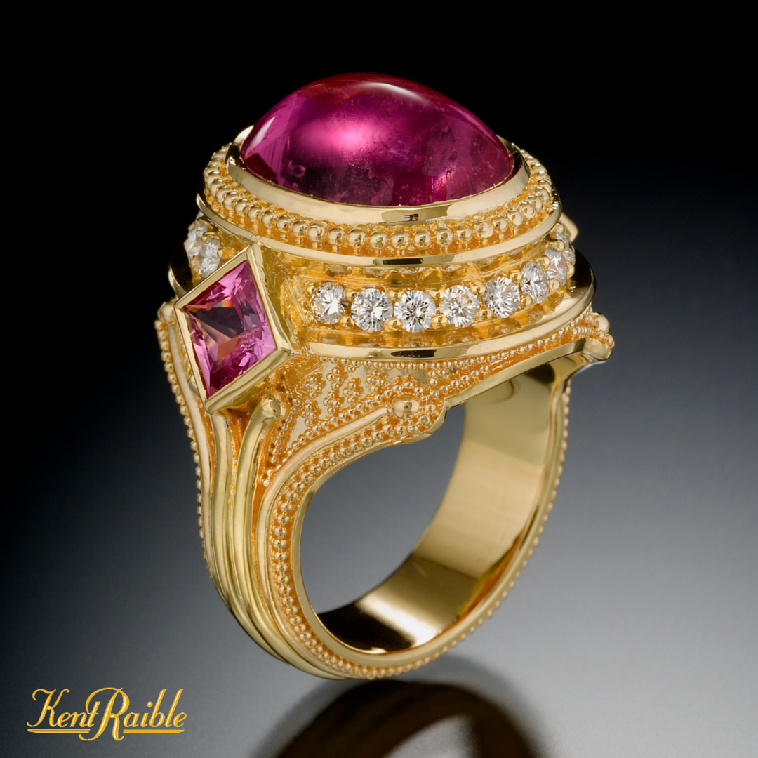 Rubellite Tourmaline, Diamond, Sapphire Cocktail Ring