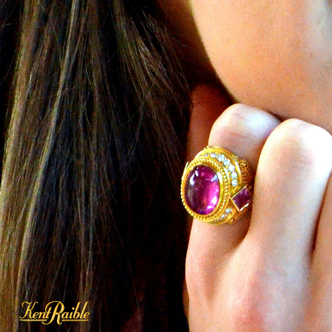 Rubellite Tourmaline, Diamond, Sapphire Cocktail Ring