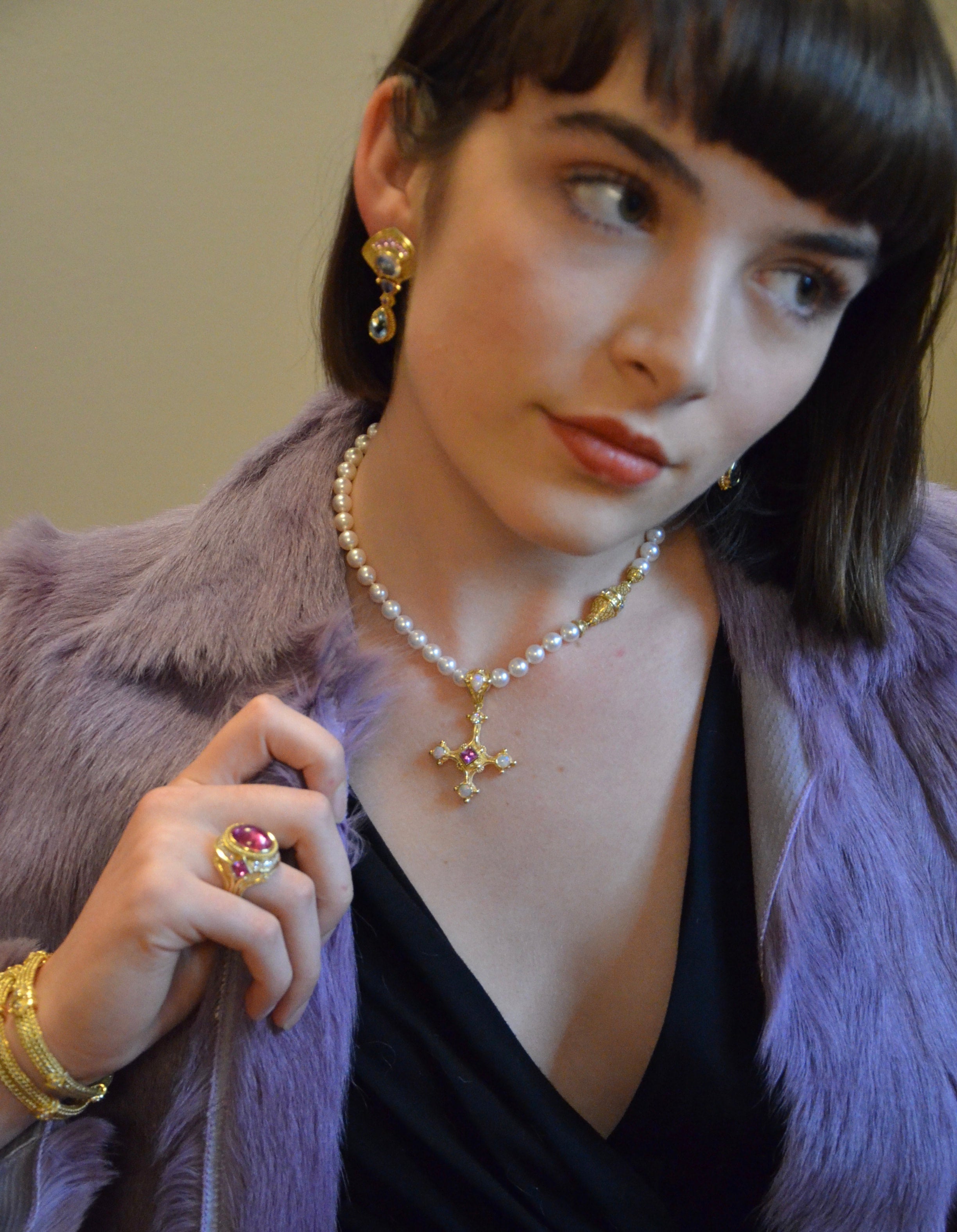 Rubellite Tourmaline, Diamond, Sapphire Cocktail Ring