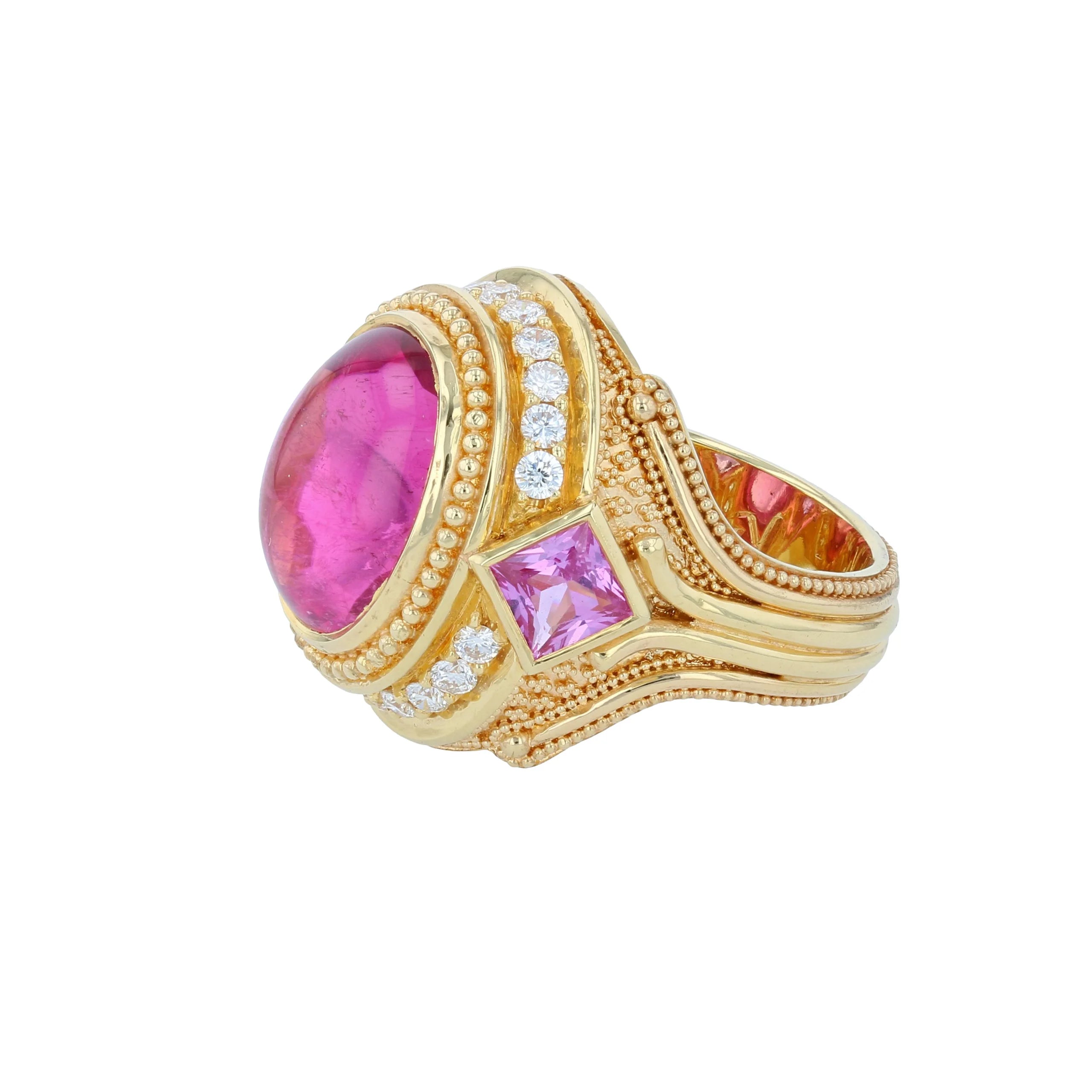 Rubellite Tourmaline, Diamond, Sapphire Cocktail Ring