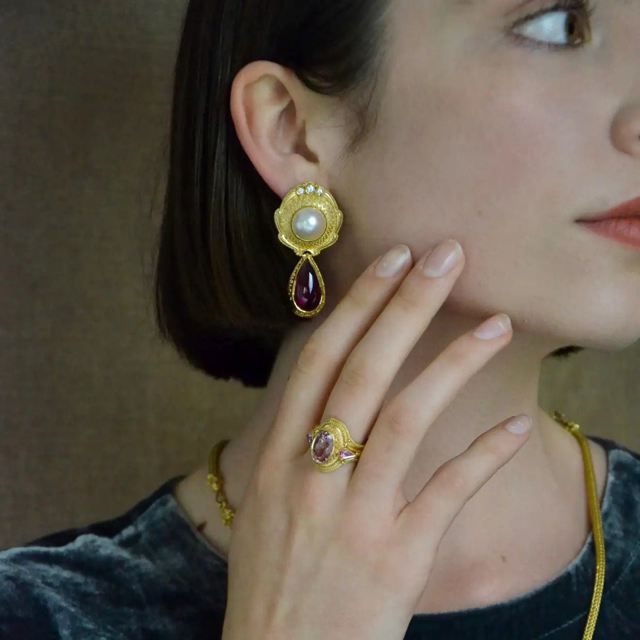 Deep Pink Sapphire and Tourmaline Ring