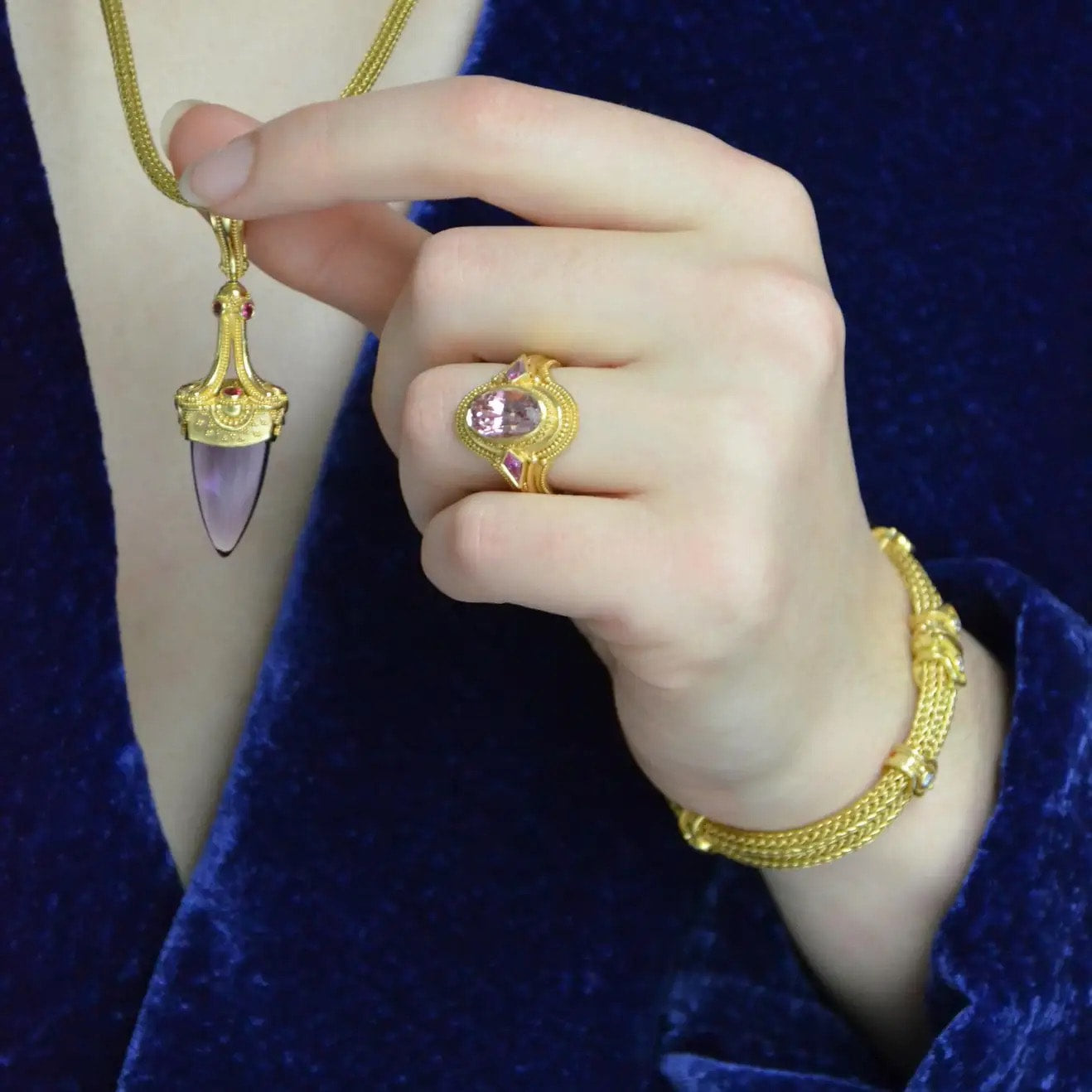 Deep Pink Sapphire and Tourmaline Ring