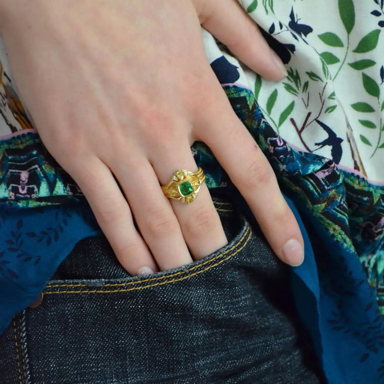 Chrome Tourmaline and Yellow Diamond Cluster Ring