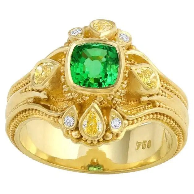 Chrome Tourmaline and Yellow Diamond Cluster Ring