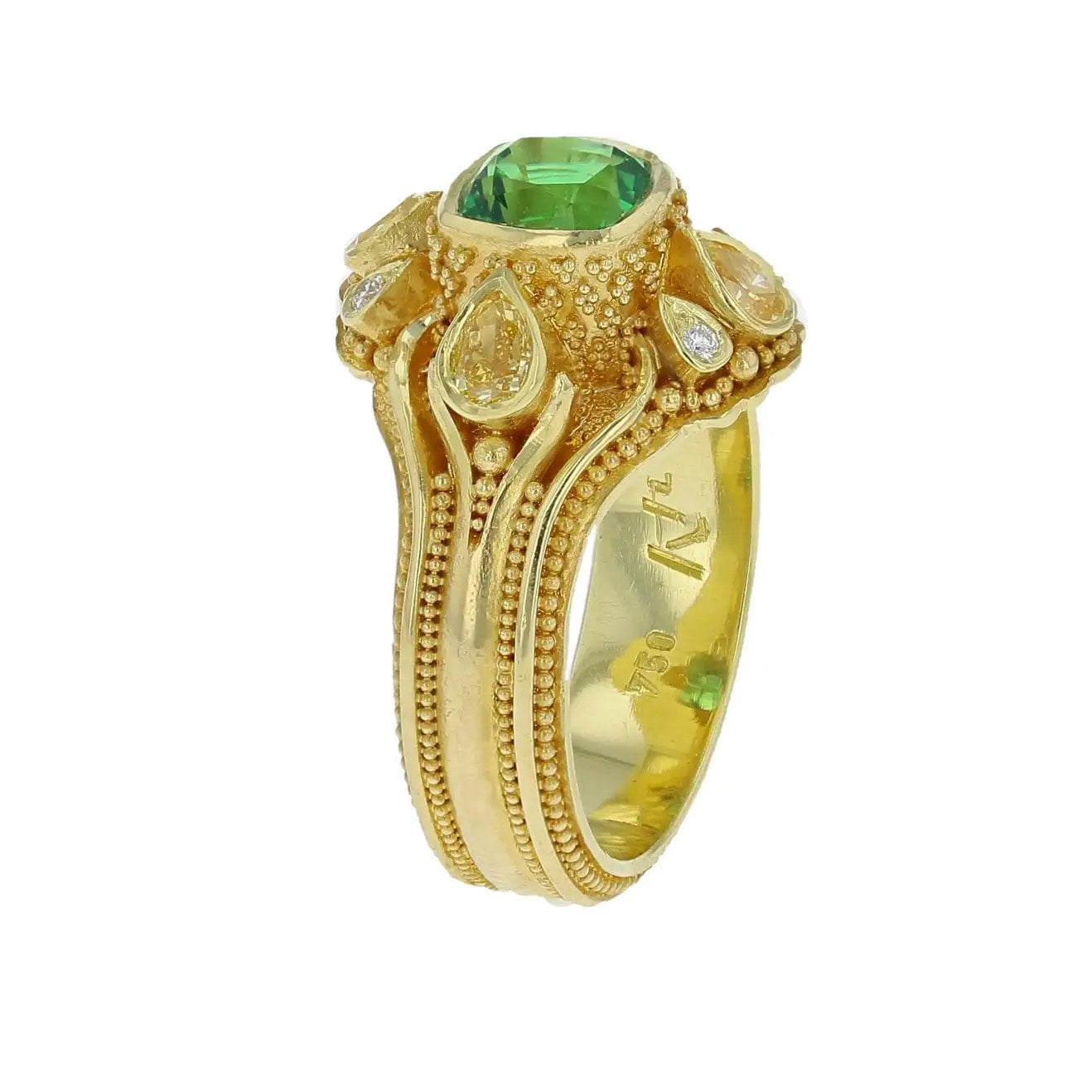 Chrome Tourmaline and Yellow Diamond Cluster Ring