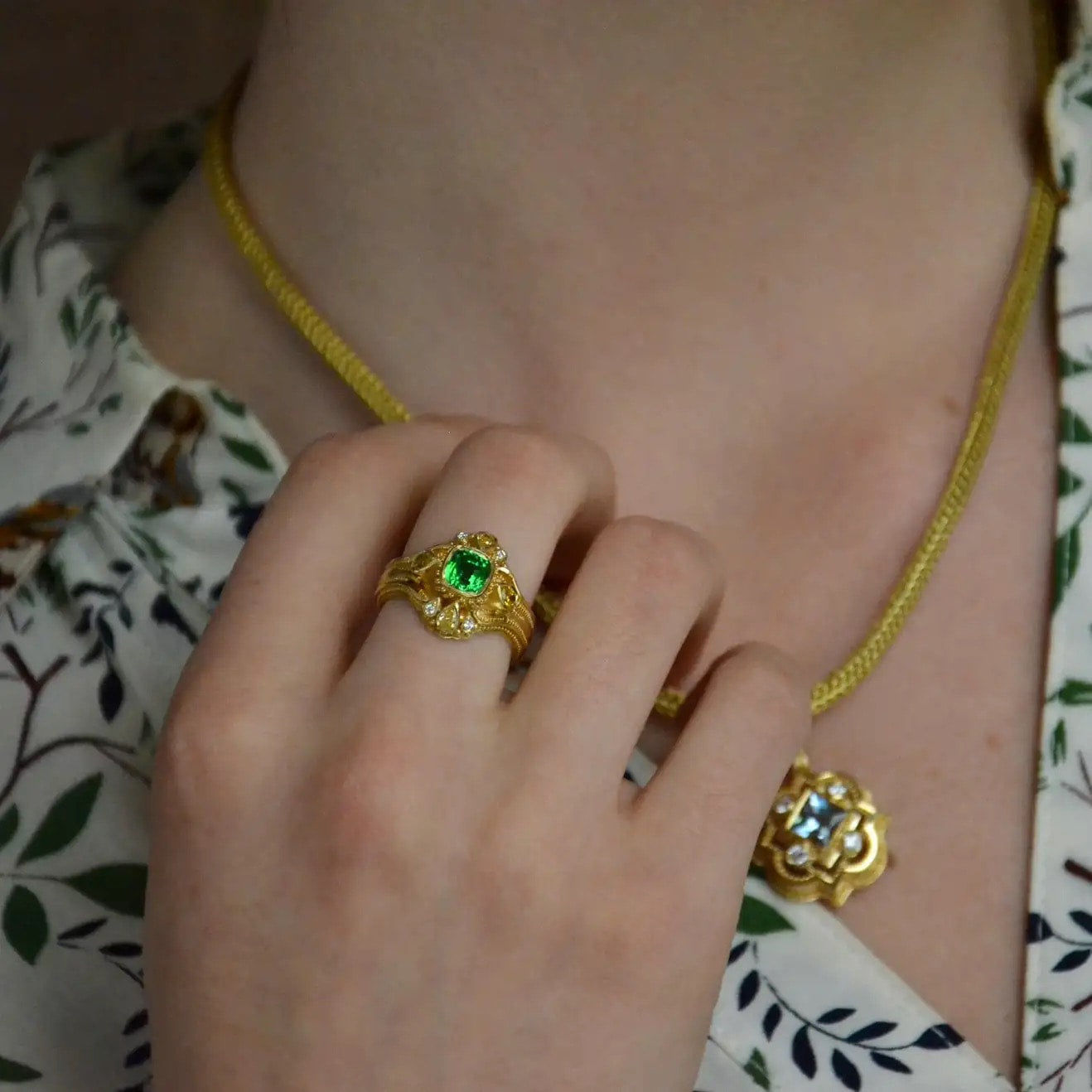 Chrome Tourmaline and Yellow Diamond Cluster Ring
