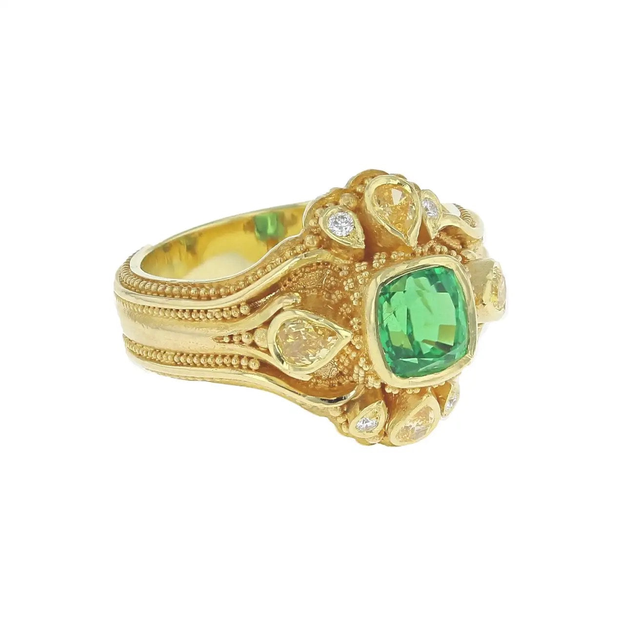 Chrome Tourmaline and Yellow Diamond Cluster Ring