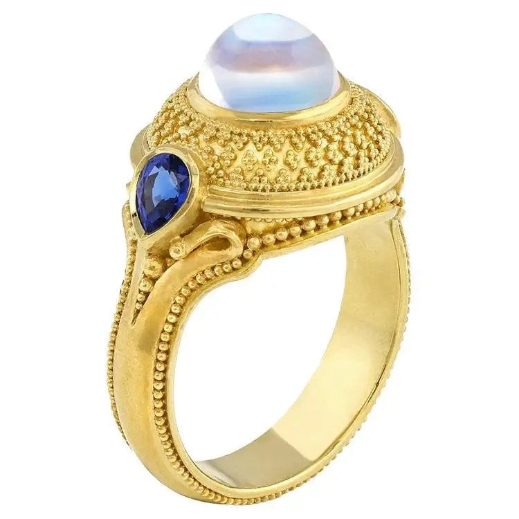 Rainbow Moonstone and Blue Sapphire Dome Ring