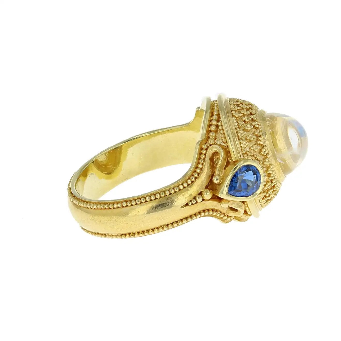 Rainbow Moonstone and Blue Sapphire Dome Ring