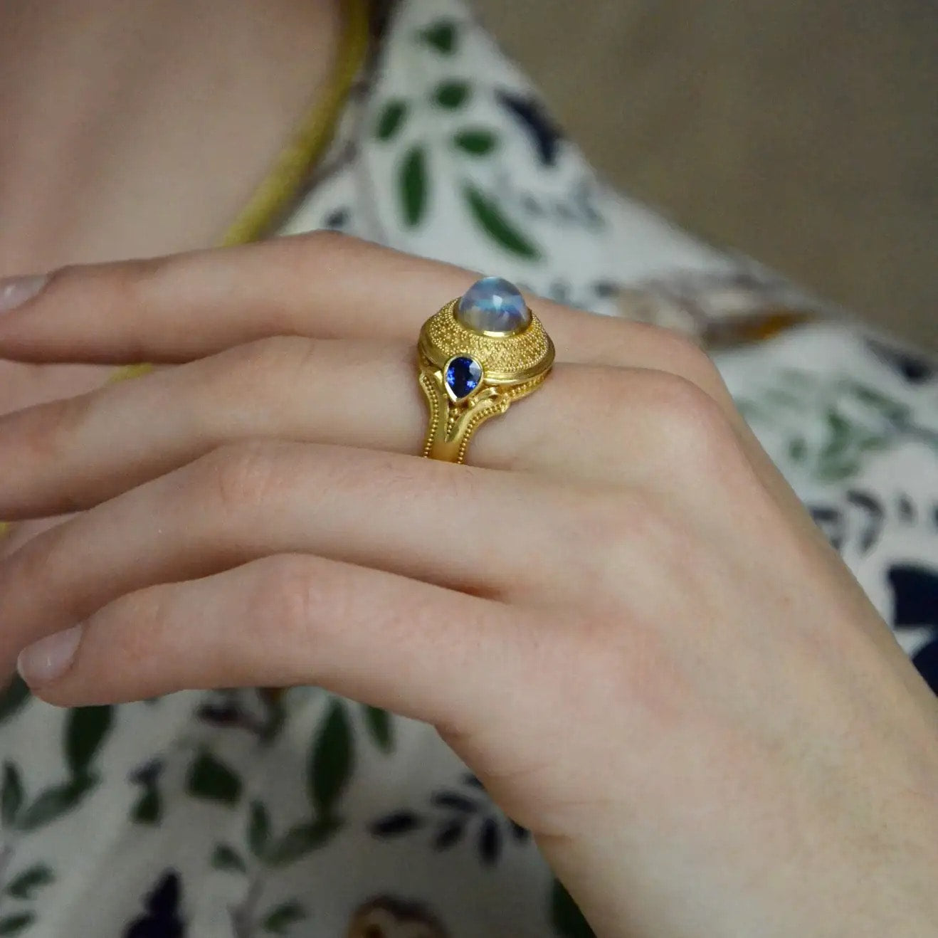 Rainbow Moonstone and Blue Sapphire Dome Ring