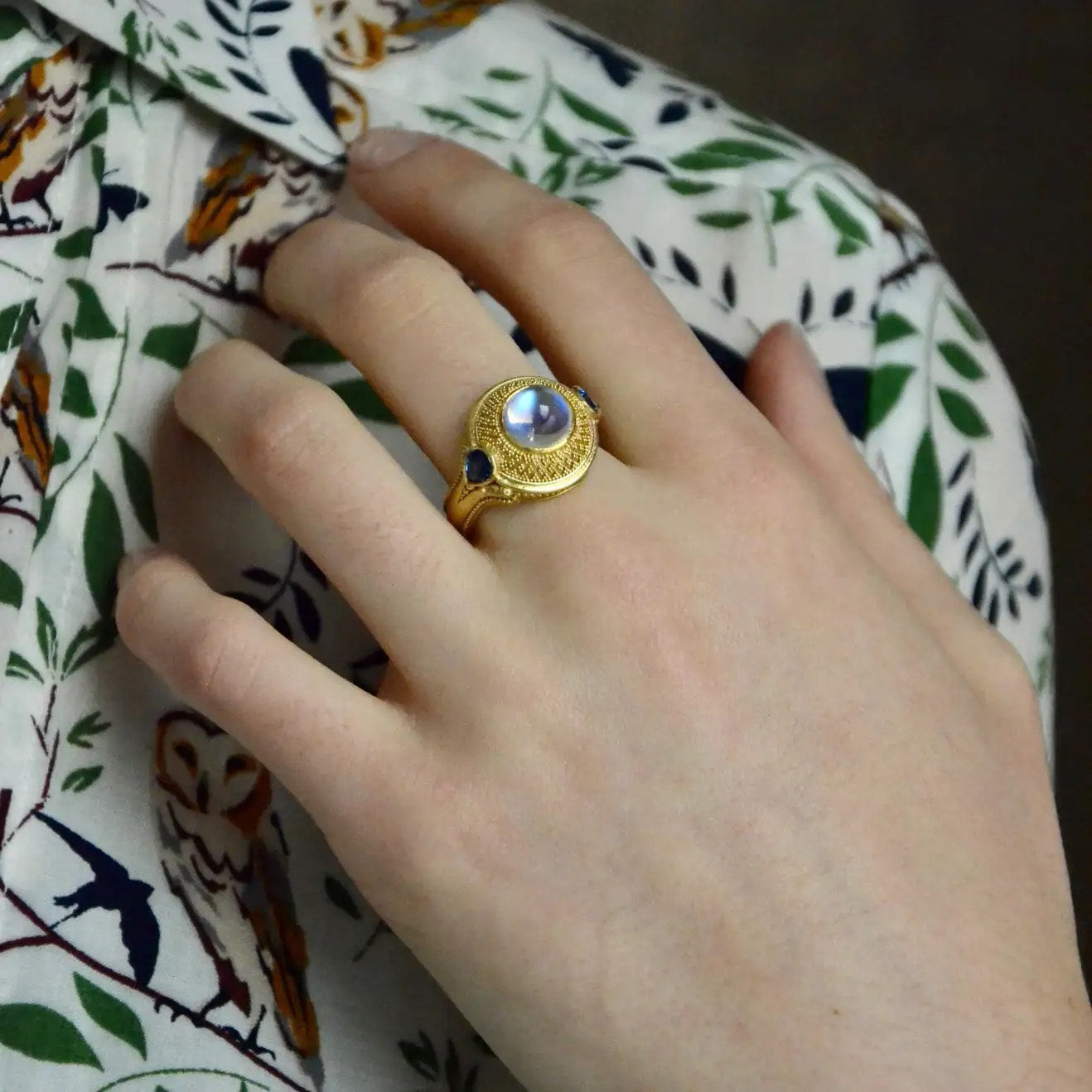 Rainbow Moonstone and Blue Sapphire Dome Ring