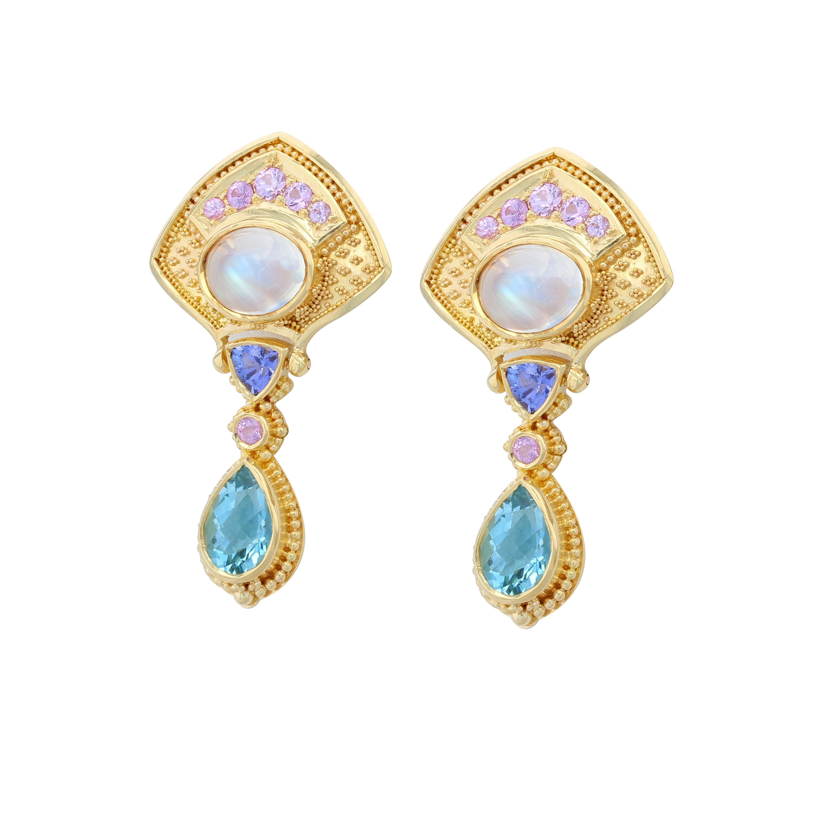 Moon Flower Multi Gemstone Drop Earrings