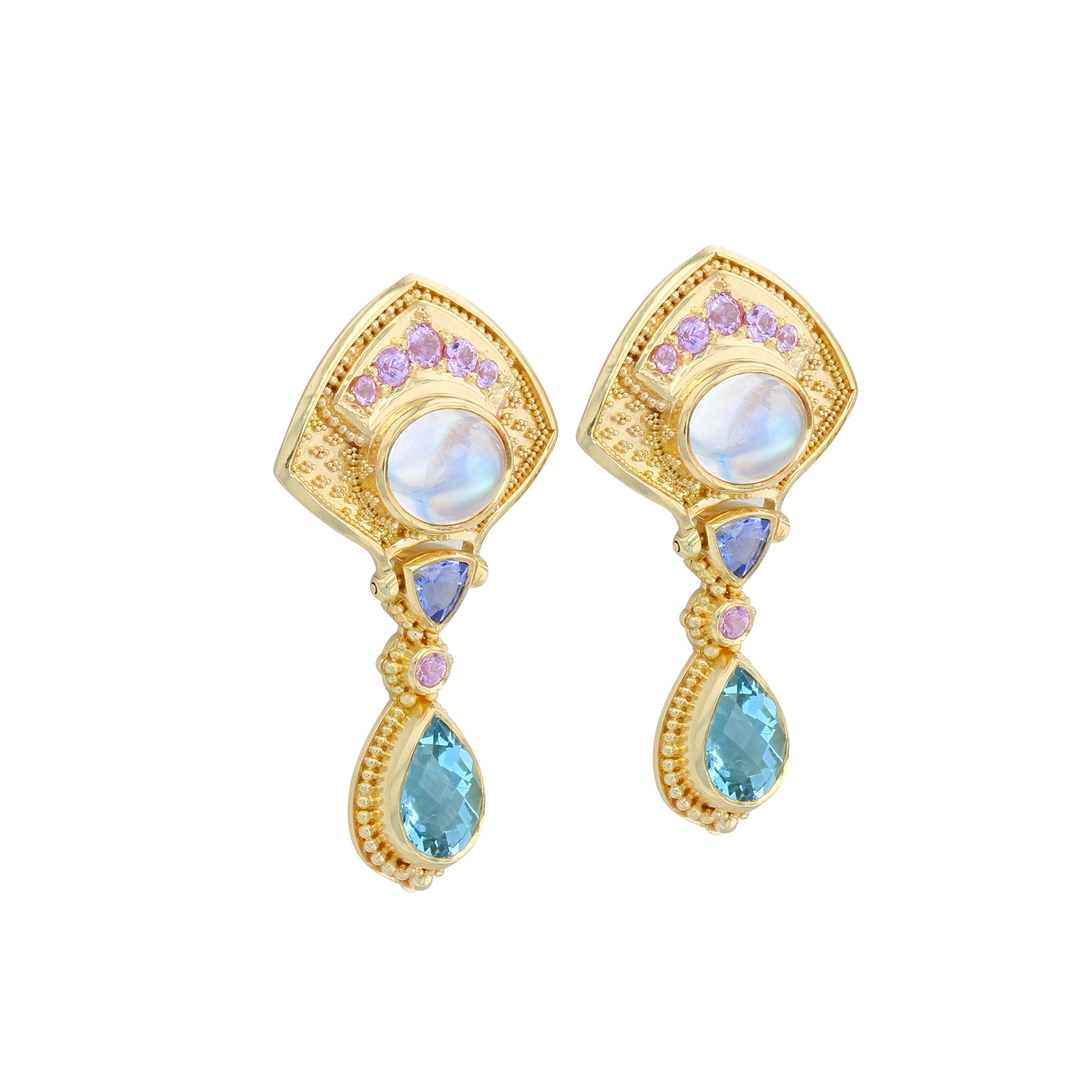 Moon Flower Multi Gemstone Drop Earrings