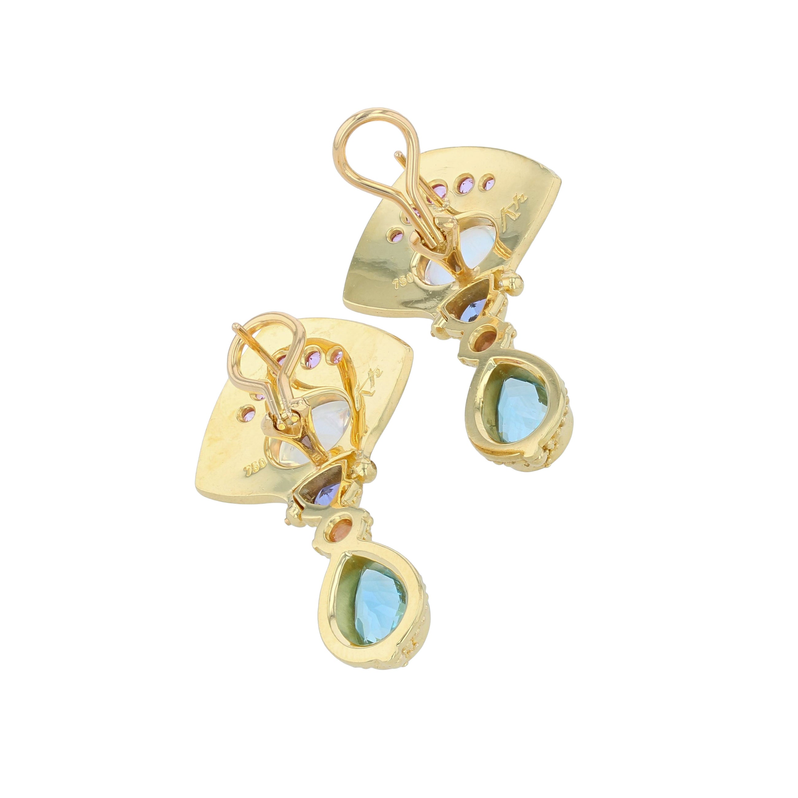 Moon Flower Multi Gemstone Drop Earrings