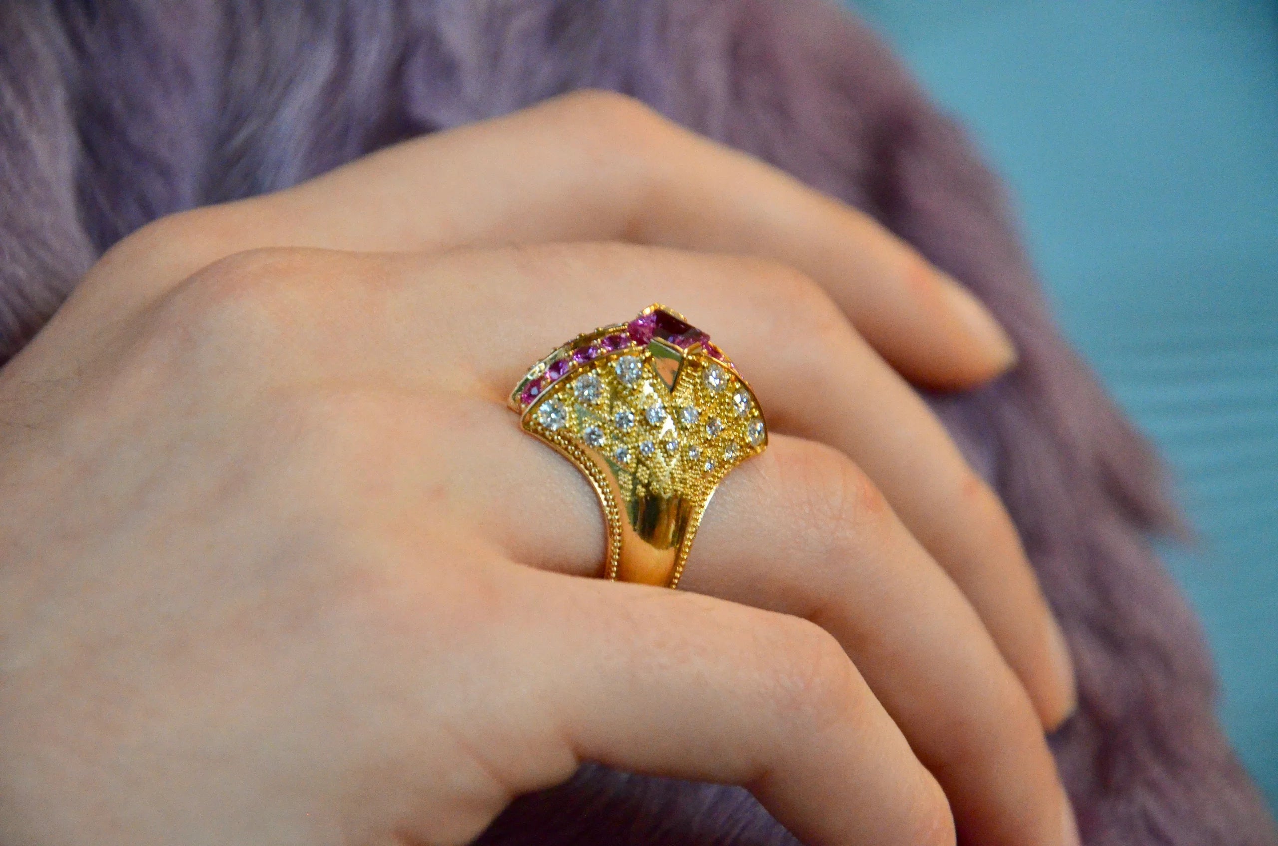 Pink Sapphire and Diamond Bombe Fan Ring