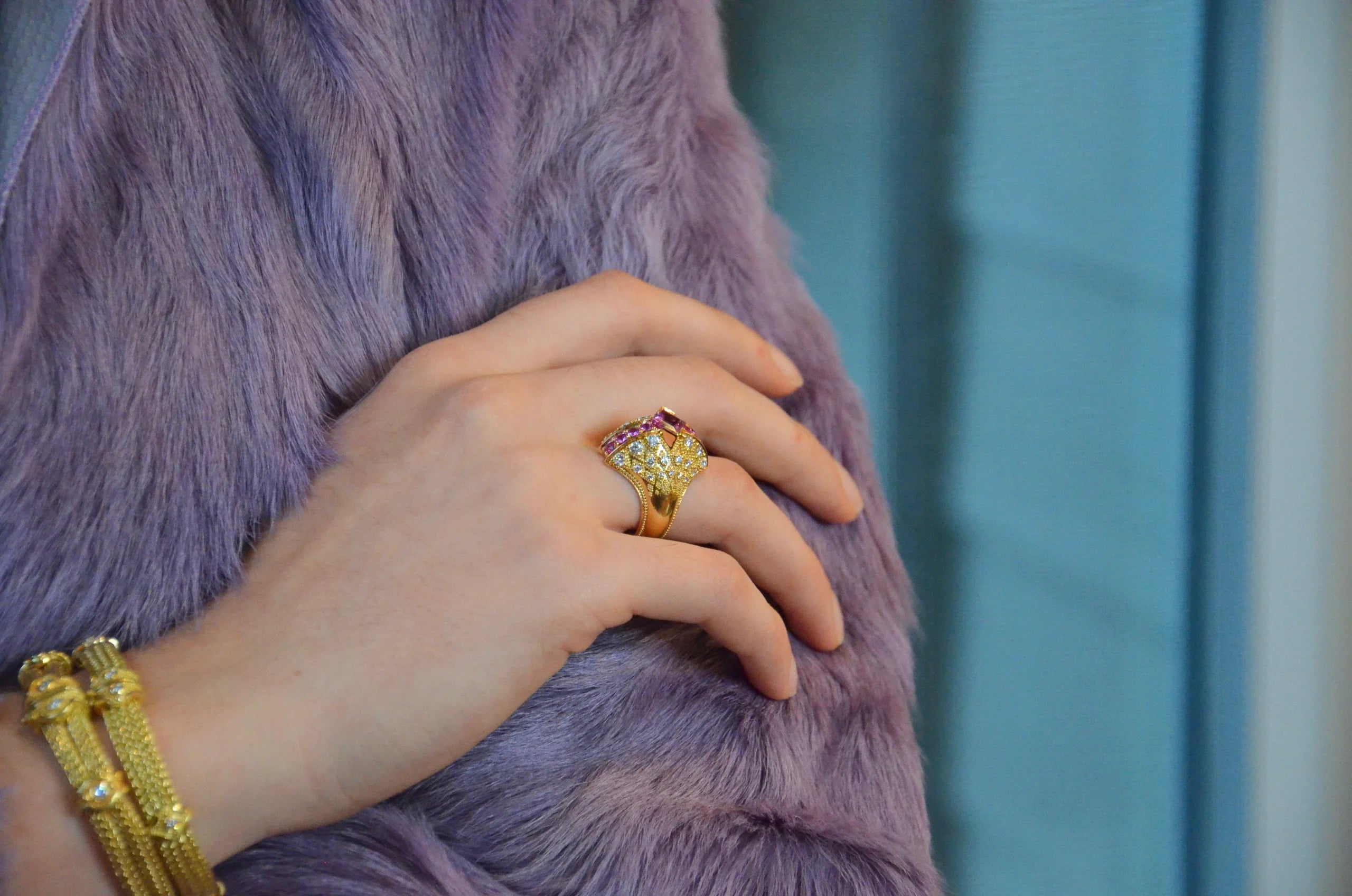 Pink Sapphire and Diamond Bombe Fan Ring
