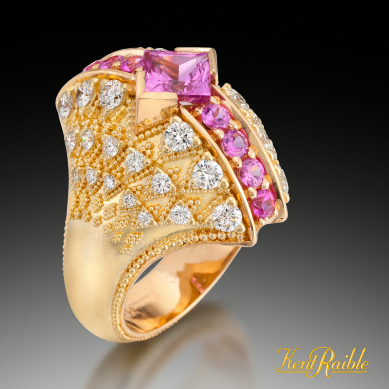 Pink Sapphire and Diamond Bombe Fan Ring