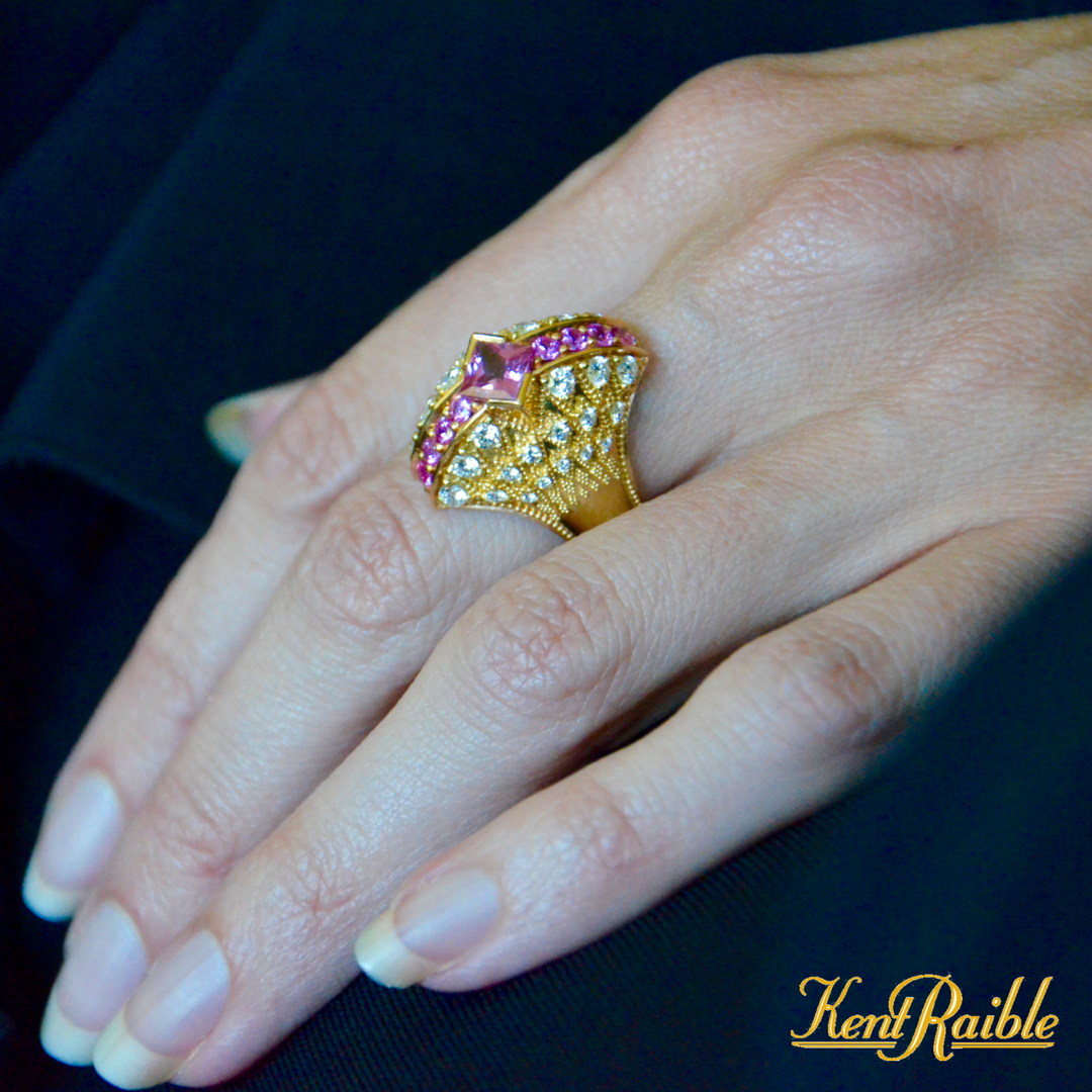 Pink Sapphire and Diamond Bombe Fan Ring