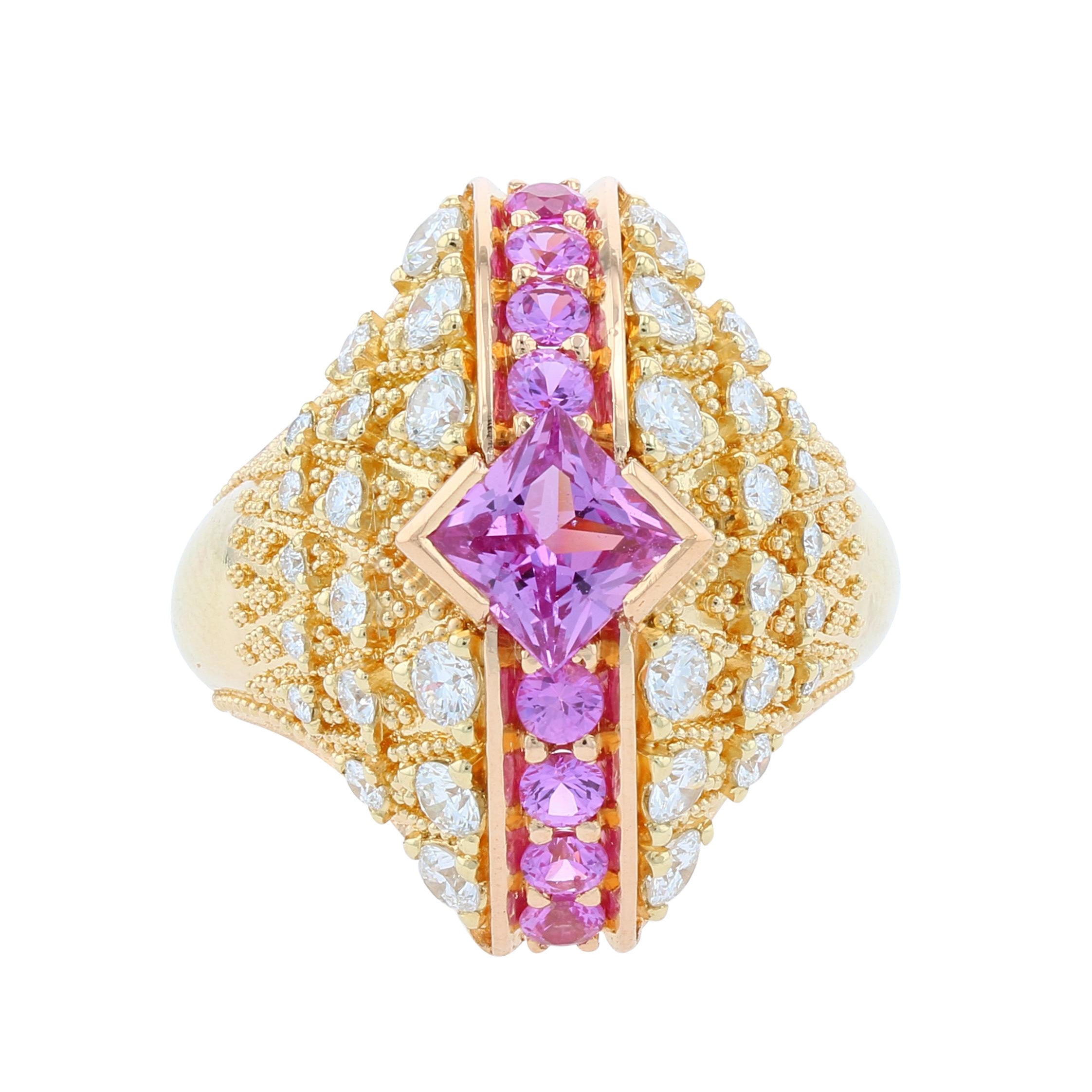 Pink Sapphire and Diamond Bombe Fan Ring