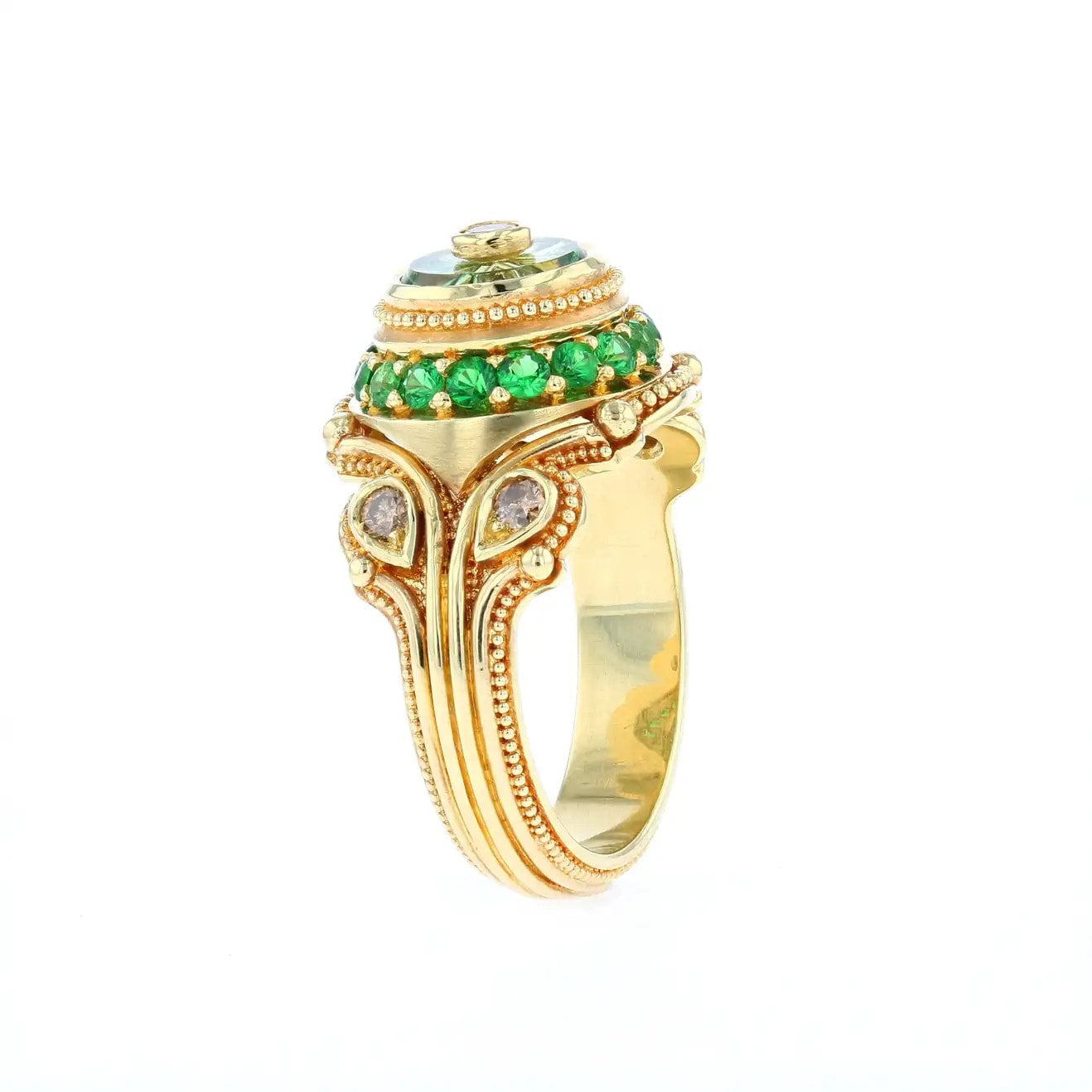 Torus Cut Green Sapphire, Champagne Diamonds and Tsavorite Garnet Cocktail Ring