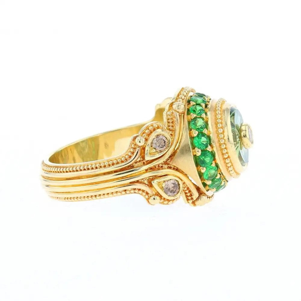 Torus Cut Green Sapphire, Champagne Diamonds and Tsavorite Garnet Cocktail Ring