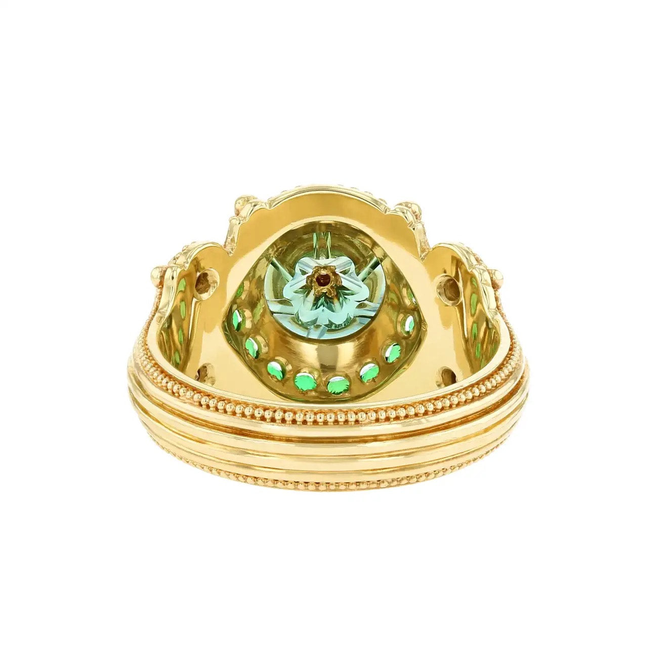 Torus Cut Green Sapphire, Champagne Diamonds and Tsavorite Garnet Cocktail Ring