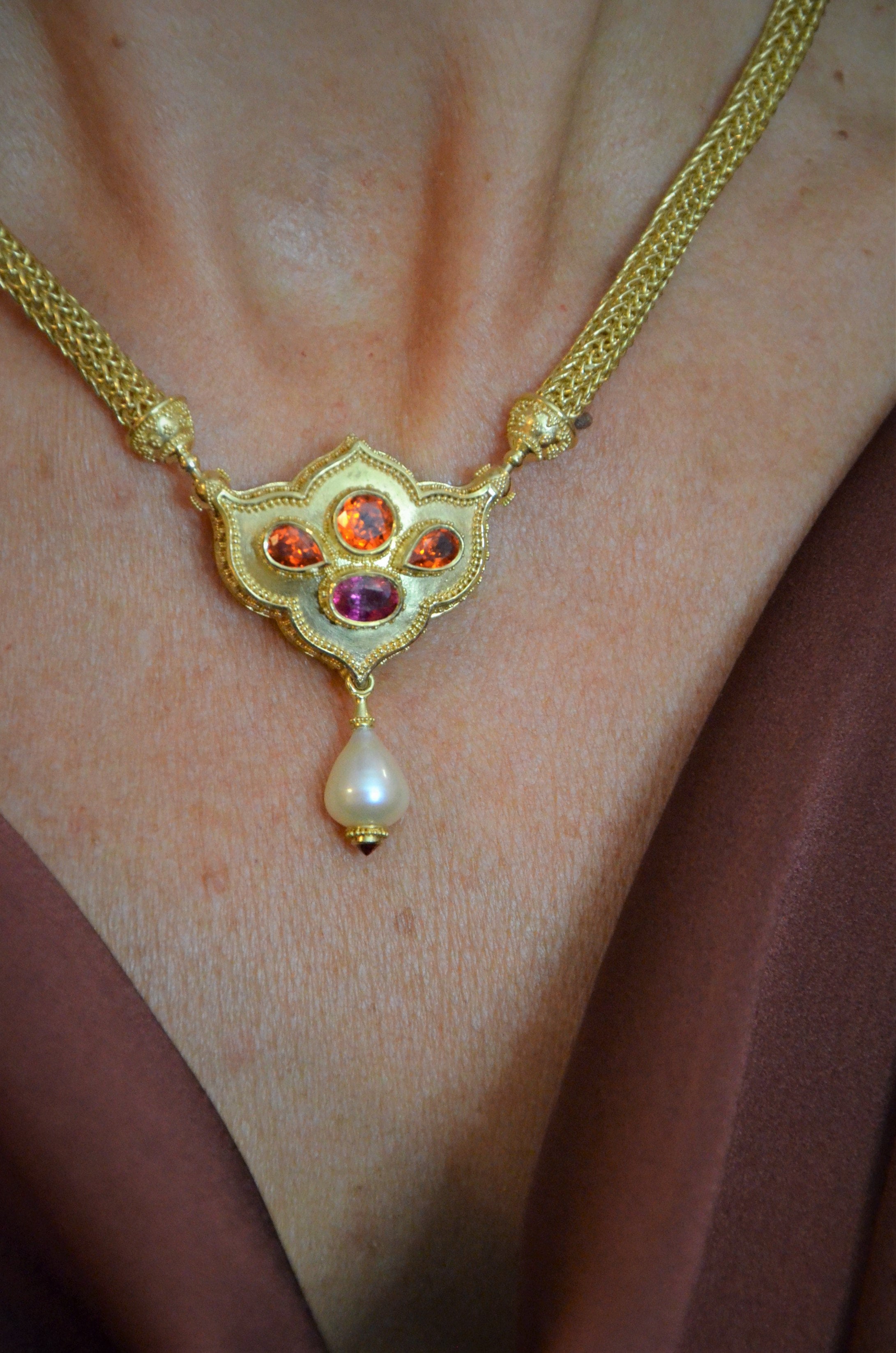 Flower Jewel Pendant Necklace with Mandarin Garnets and Spinel
