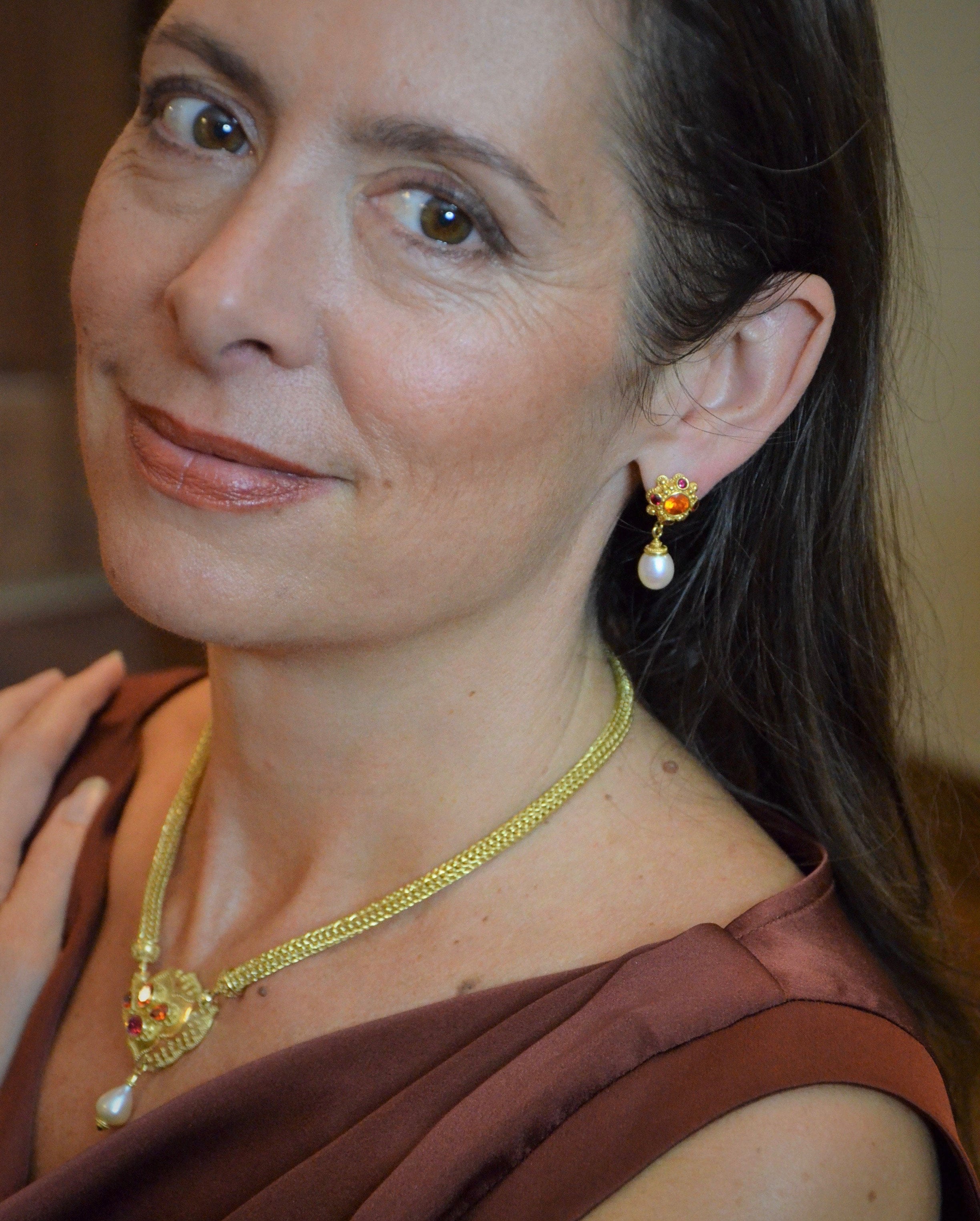 Flower Jewel Pendant Necklace with Mandarin Garnets and Spinel