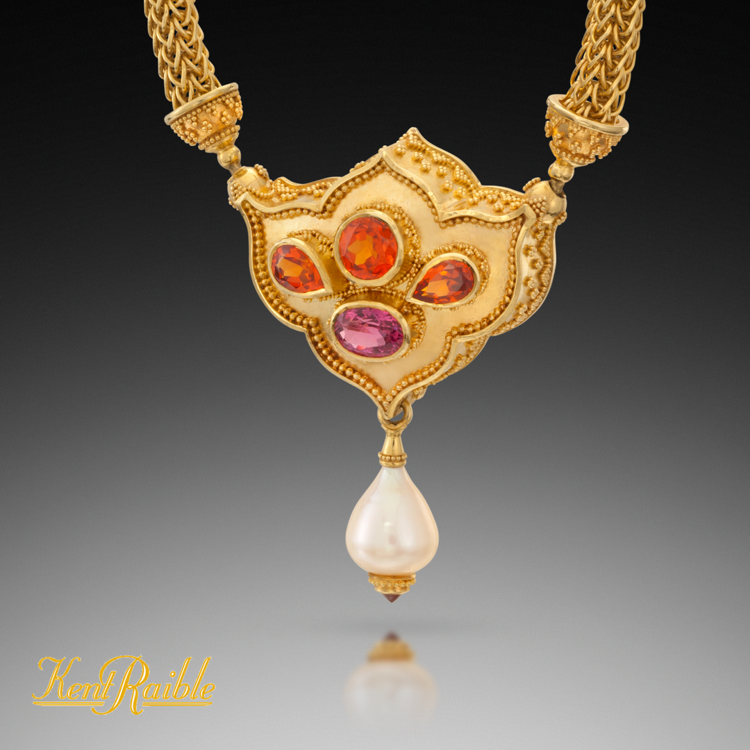 Flower Jewel Pendant Necklace with Mandarin Garnets and Spinel