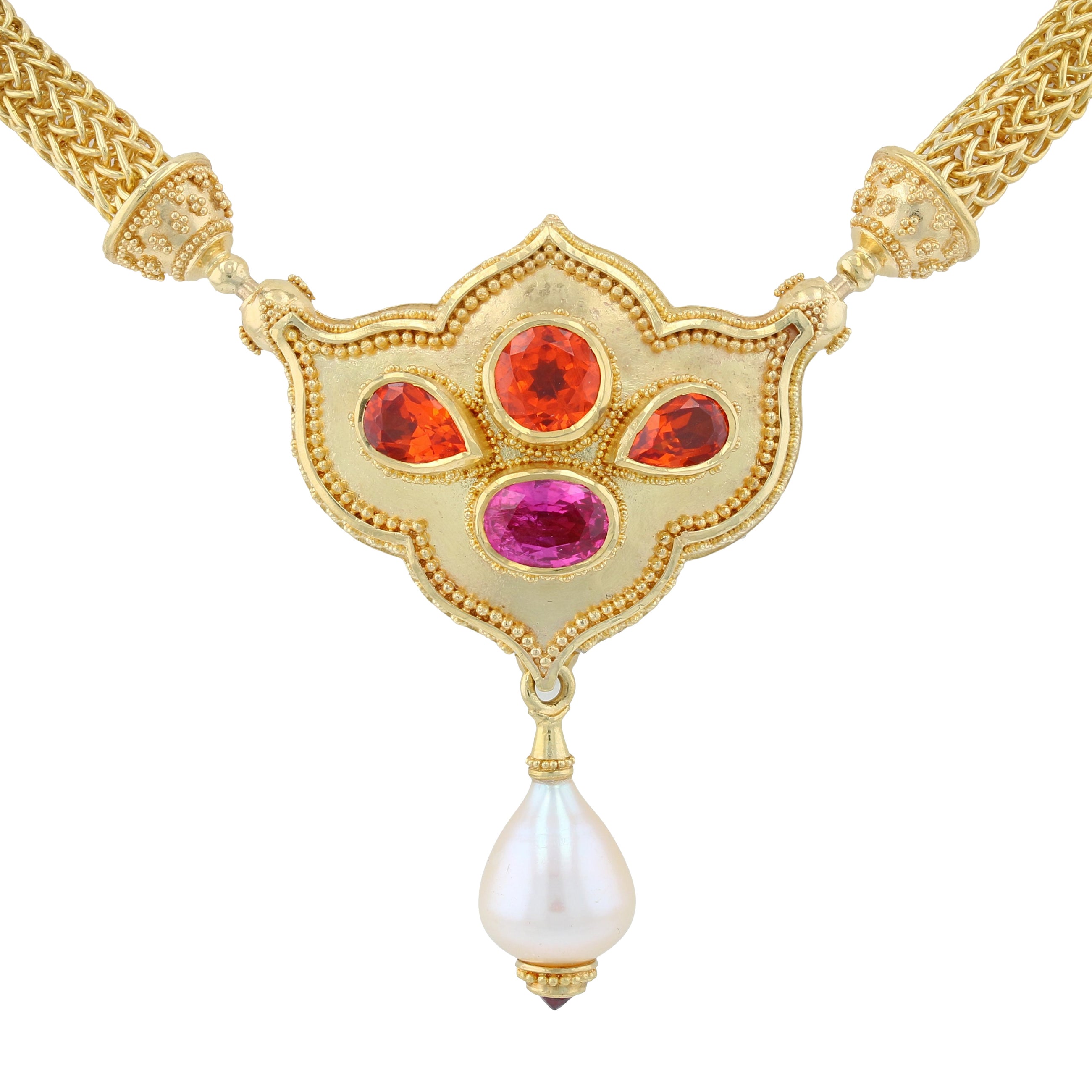 Flower Jewel Pendant Necklace with Mandarin Garnets and Spinel