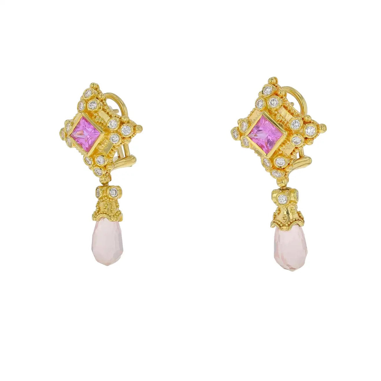 Pink Sapphire, Rose Quartz and Diamond Earrings