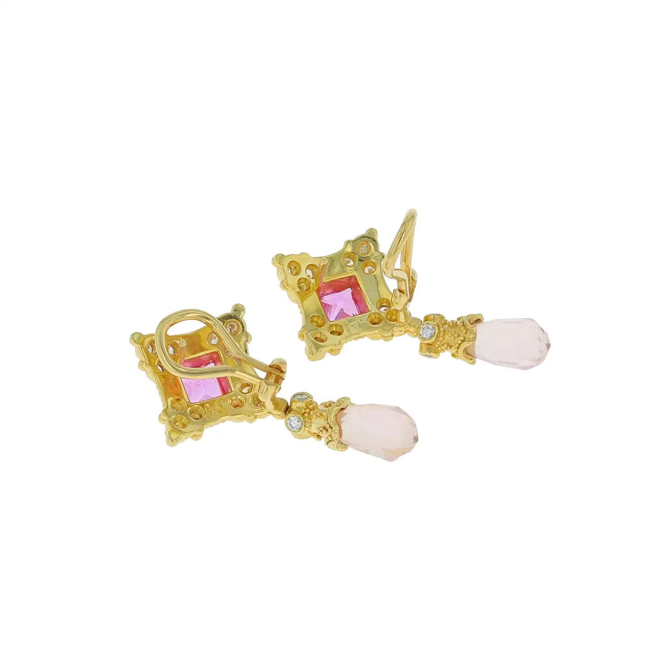 Pink Sapphire, Rose Quartz and Diamond Earrings