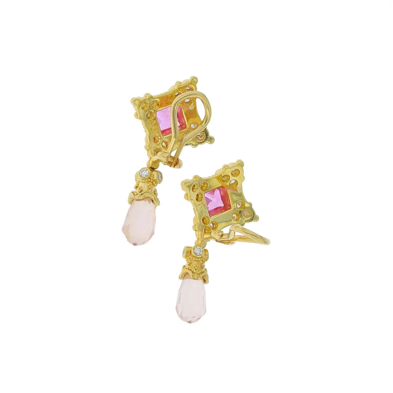 Pink Sapphire, Rose Quartz and Diamond Earrings