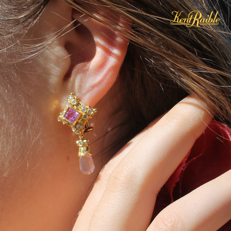 Pink Sapphire, Rose Quartz and Diamond Earrings