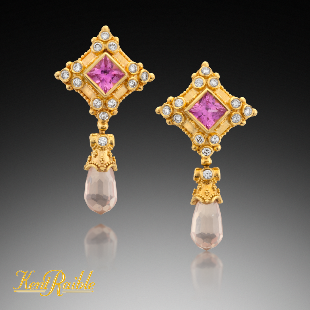 Pink Sapphire, Rose Quartz and Diamond Earrings