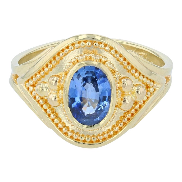Blue Sapphire Solitaire Ring with 18 Karat Gold Granulation