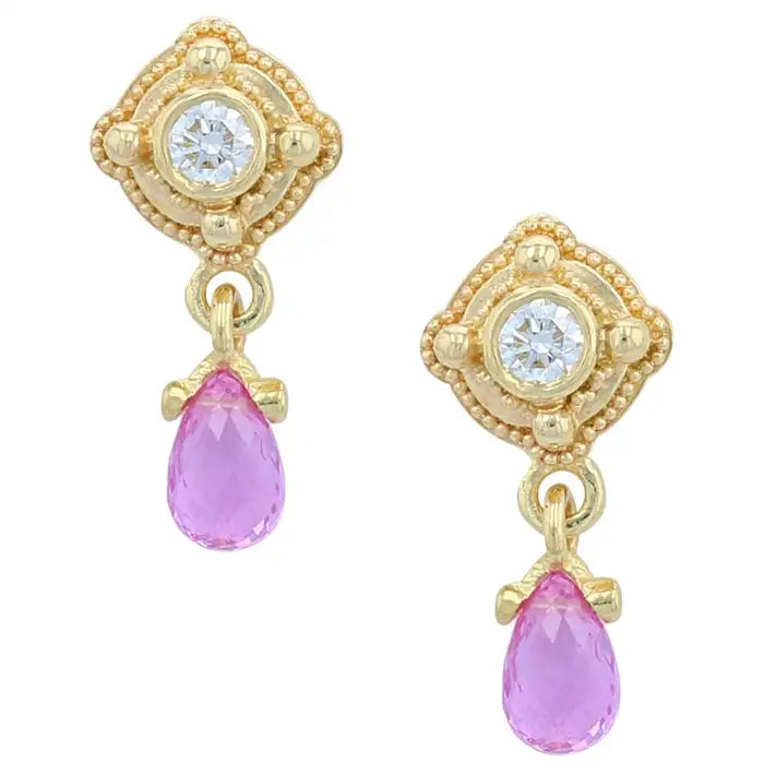 Diamond, Pink Sapphire Drop Earrings