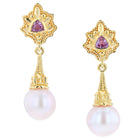 18 Karat Gold Pink Sapphire and Pearl Drop Earrings with Granulation