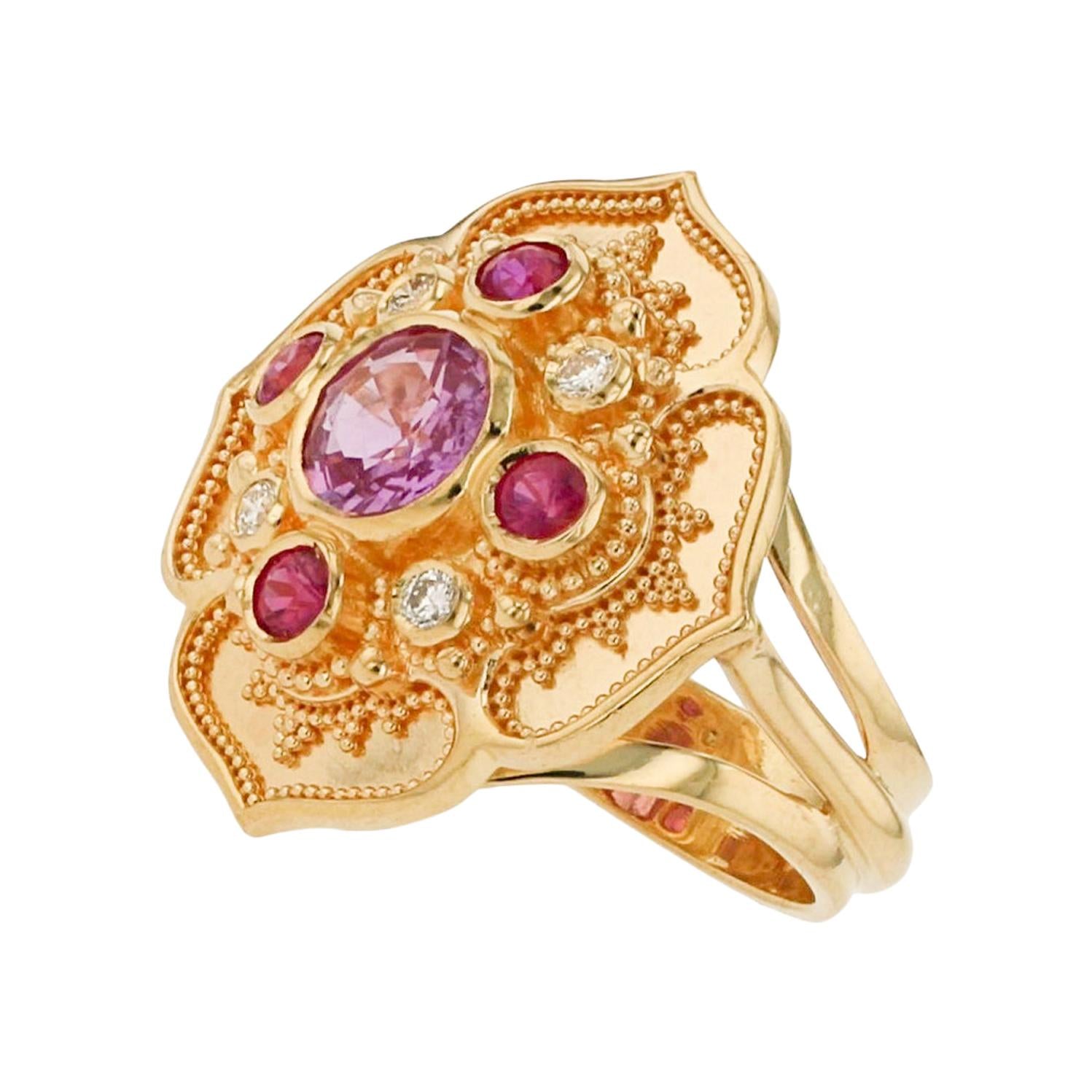 Pink Sapphire and Diamond Flower Cocktail Ring