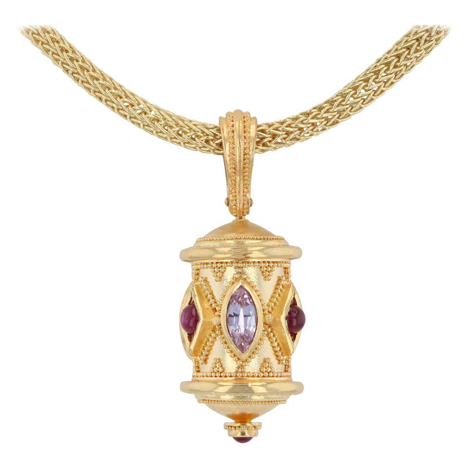 Kent Raible 18 Karat Gold Pink and Ruby Prayer Wheel Pendant with Granulation