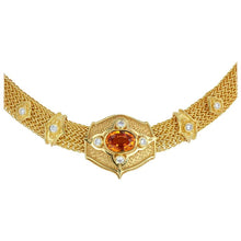 Necklace with hand woven chain: Golden Sapphire 5.54ct, Diamonds DEF VS .80ct, Golden Sapphire (in clasp) 1.18ct, 82.4gr 18k Gold.