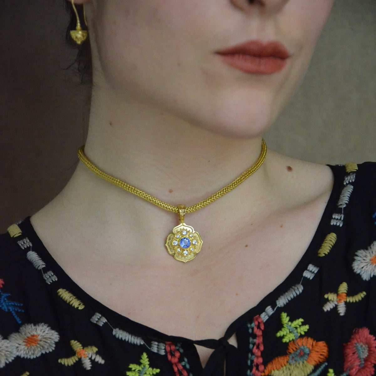 Rainbow Moonstone, Diamond and Blue-Gray Sapphire Flower Pendant