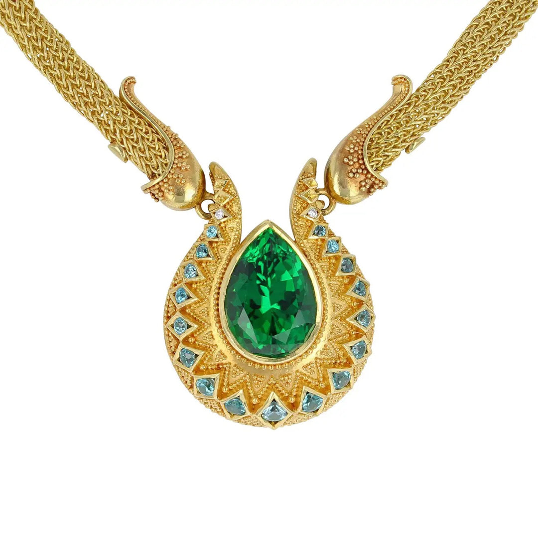 Chrome Tourmaline Drop Necklace, Handwoven Chain