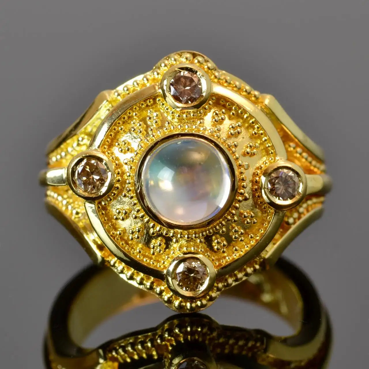 Moonstone and Champagne Diamond 18 Karat Gold Granulation Cocktail Ring