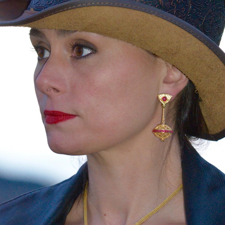 Ruby Flying Saucer Chandelier Earrings