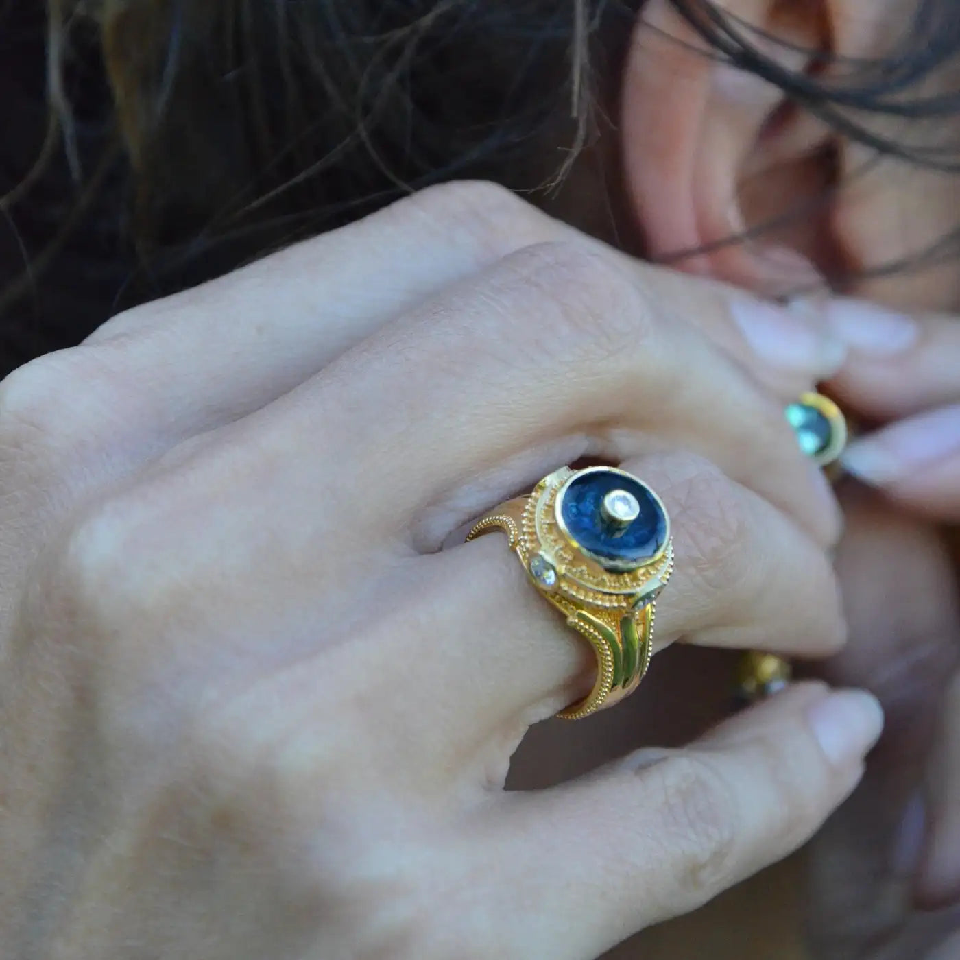 Indicolite Tourmaline, Diamond, 18K Gold Granulation Cocktail Ring