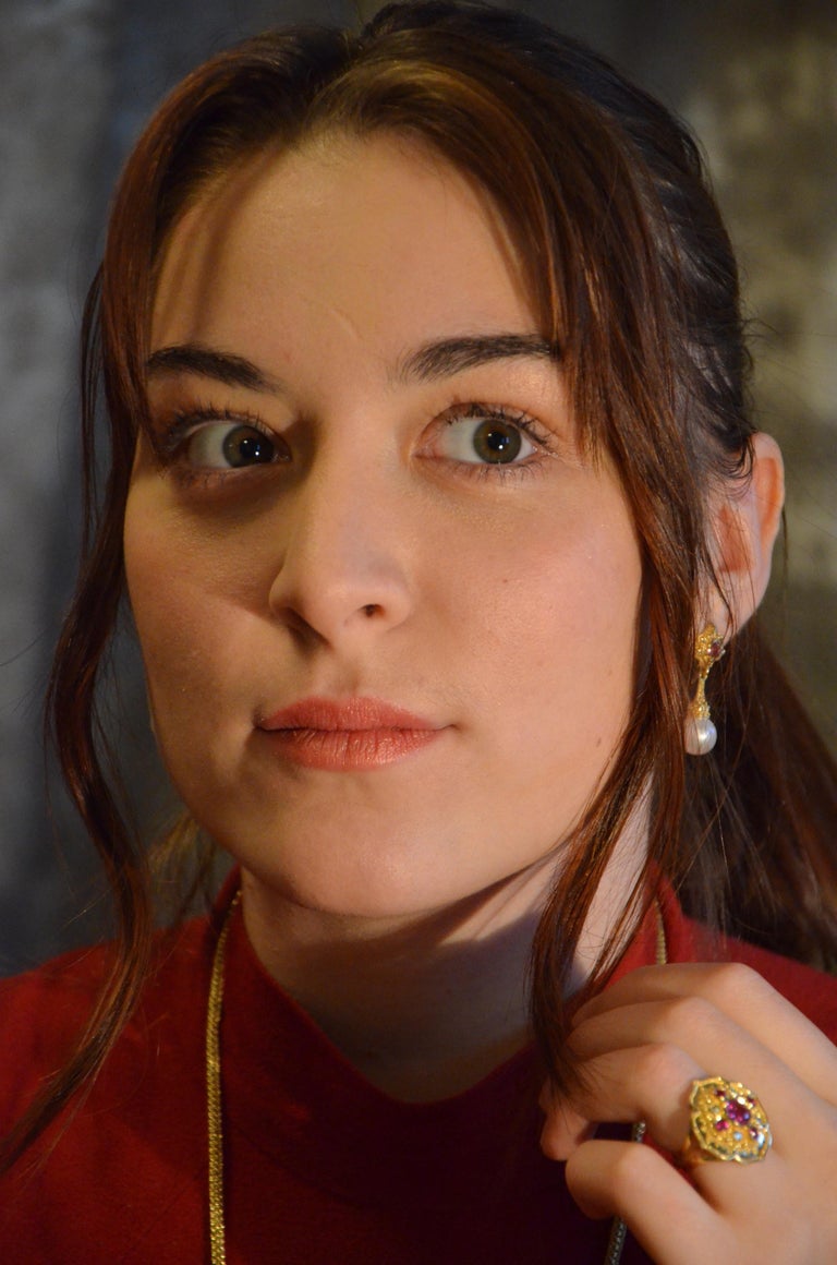 18 Karat Gold Pink Sapphire and Pearl Drop Earrings with Granulation