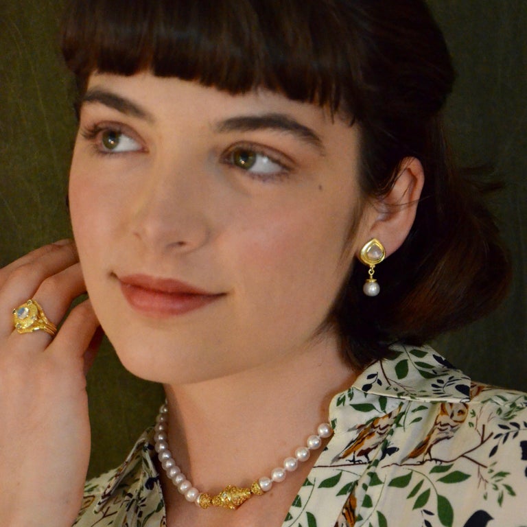 Moonstone and Pearls Drop Earrings with Granulation