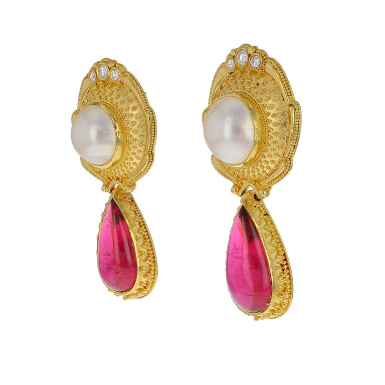 18 Karat Gold Rubellite and Mabe Pearl Earring with Diamonds